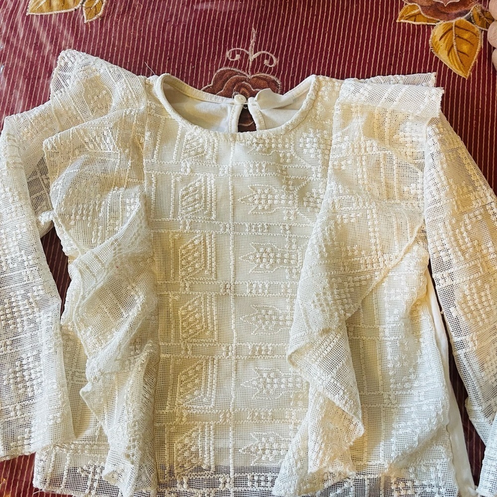 Zara Ivory Lace Round Neck Long Sleeve Ruffle Girls